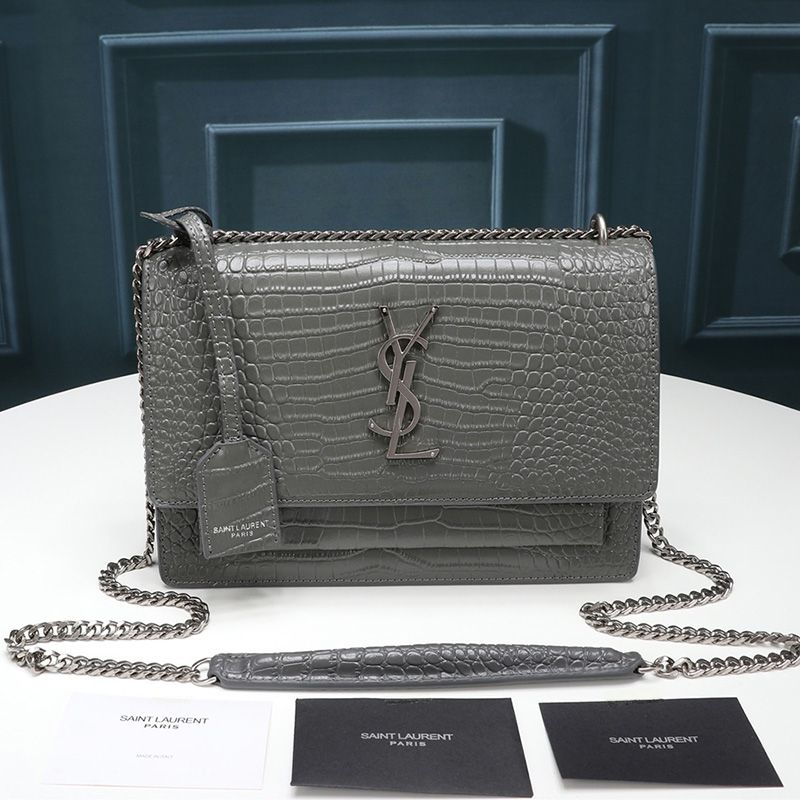 Saint Laurent Medium Sunset Chain Bag In Crocodile Embossed Leather Grey Silver