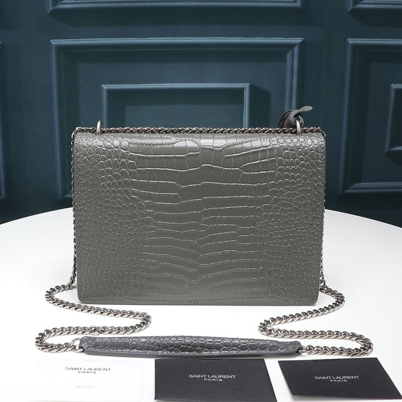 Saint Laurent Medium Sunset Chain Bag In Crocodile Embossed Leather Grey Silver