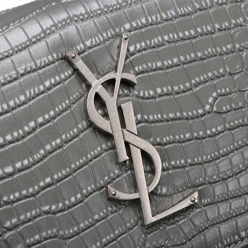 Saint Laurent Medium Sunset Chain Bag In Crocodile Embossed Leather Grey Silver