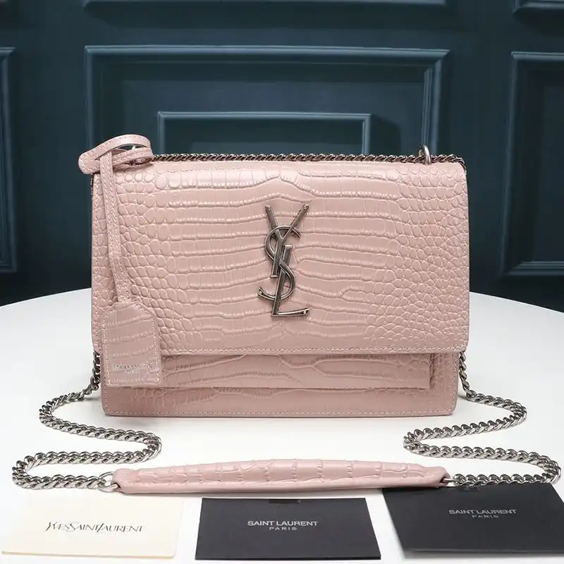 Saint Laurent Medium Sunset Chain Bag In Crocodile Embossed Leather Pink Silver