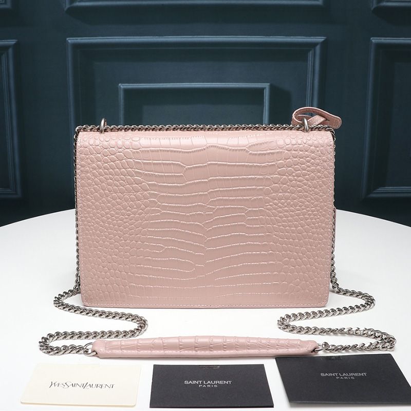 Saint Laurent Medium Sunset Chain Bag In Crocodile Embossed Leather Pink Silver