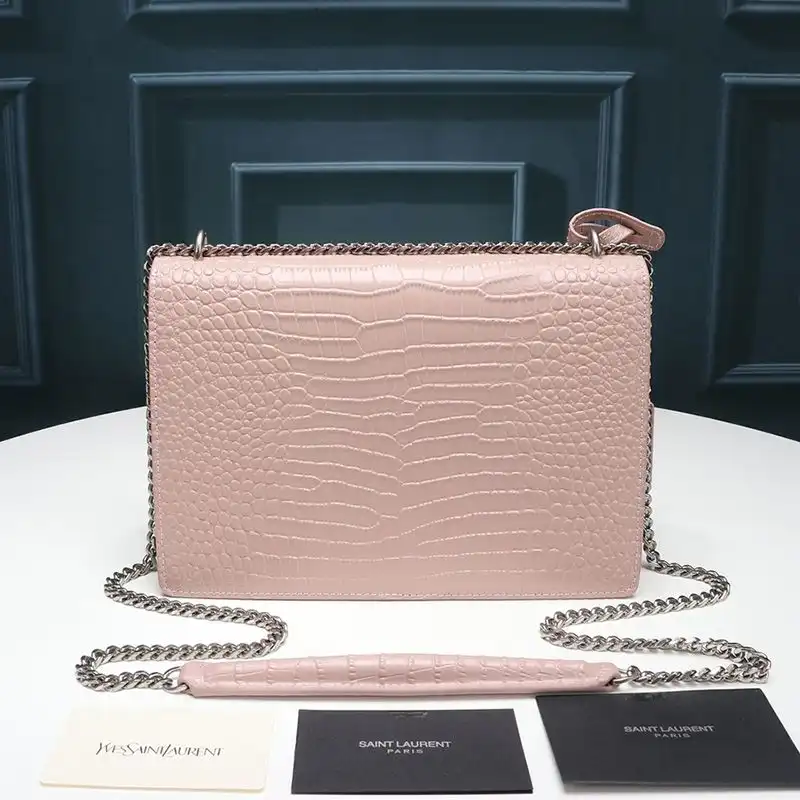 Cheap Saint Laurent Medium Sunset Chain Bag In Crocodile Embossed Leather Pink Silver