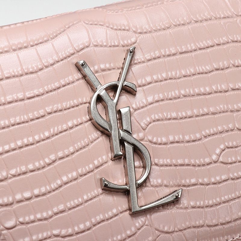 Saint Laurent Medium Sunset Chain Bag In Crocodile Embossed Leather Pink Silver