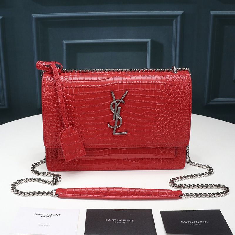 Saint Laurent Medium Sunset Chain Bag In Crocodile Embossed Leather Red Silver