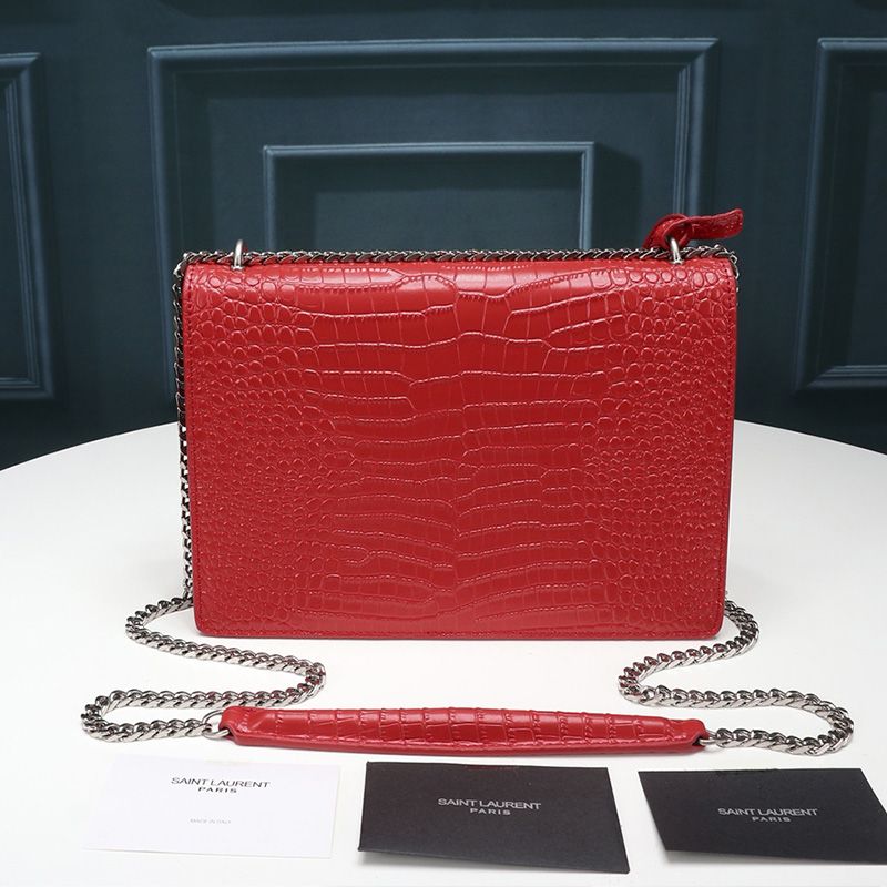 Saint Laurent Medium Sunset Chain Bag In Crocodile Embossed Leather Red Silver