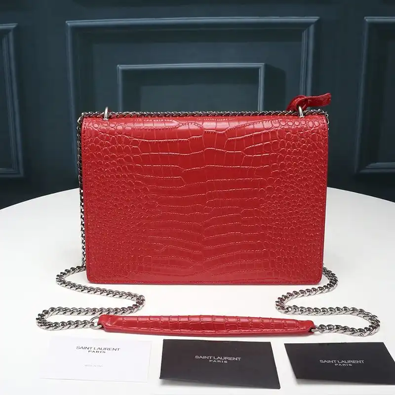 Cheap Saint Laurent Medium Sunset Chain Bag In Crocodile Embossed Leather Red Silver