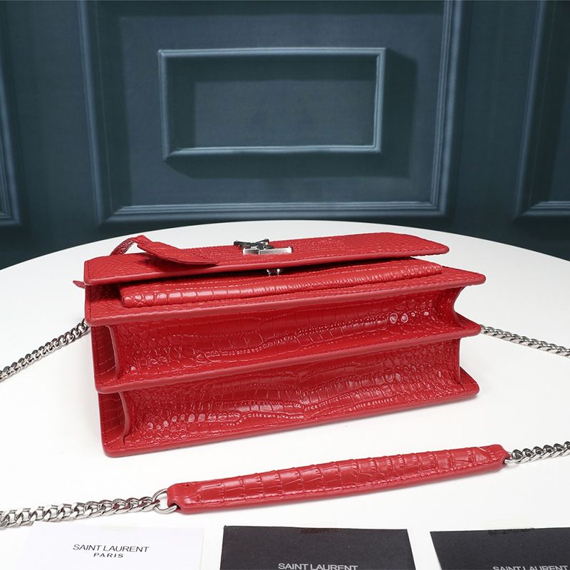 Saint Laurent Medium Sunset Chain Bag In Crocodile Embossed Leather Red Silver