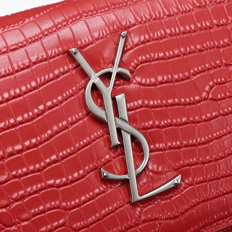 Saint Laurent Medium Sunset Chain Bag In Crocodile Embossed Leather Red Silver