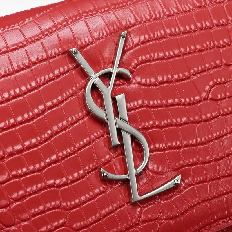 Cheap Saint Laurent Medium Sunset Chain Bag In Crocodile Embossed Leather Red Silver