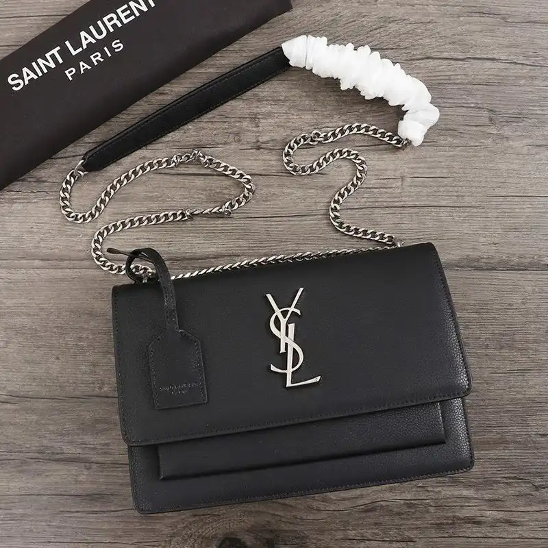 Saint Laurent Medium Sunset Chain Bag In Textured Leather Black Silver