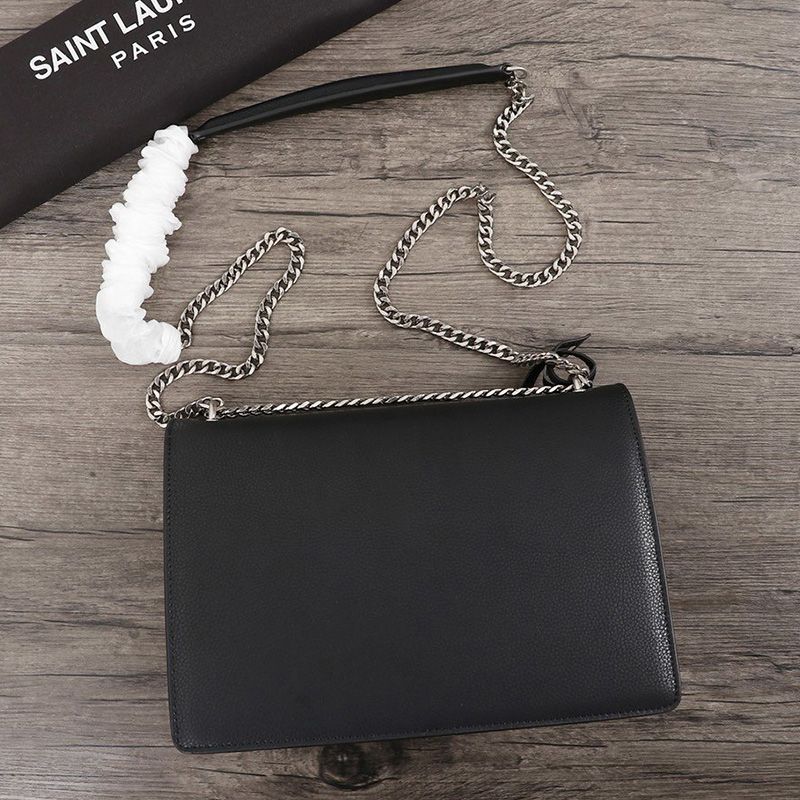 Saint Laurent Medium Sunset Chain Bag In Textured Leather Black Silver