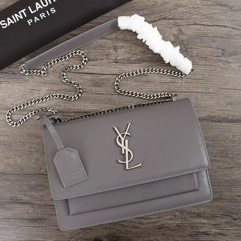 Saint Laurent Medium Sunset Chain Bag In Textured Leather Grey Silver