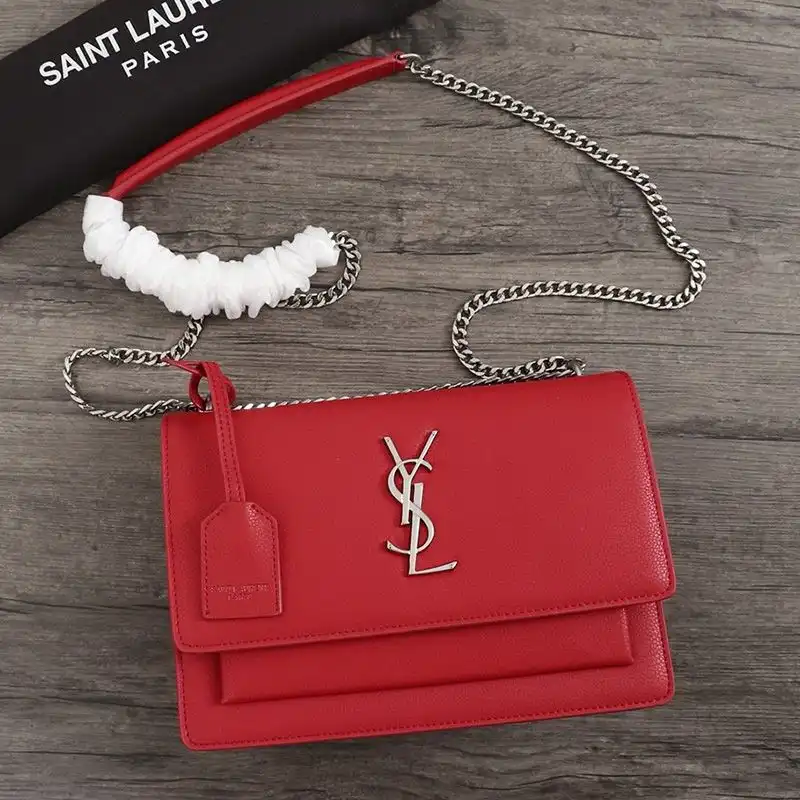 Saint Laurent Medium Sunset Chain Bag In Textured Leather Red Silver