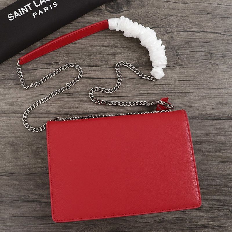 Saint Laurent Medium Sunset Chain Bag In Textured Leather Red Silver