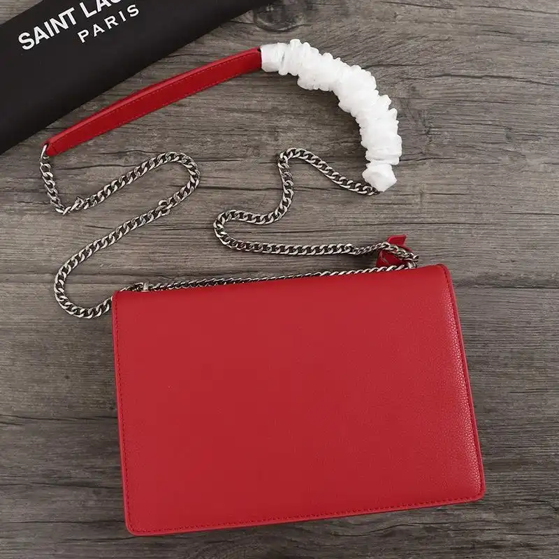 Cheap Saint Laurent Medium Sunset Chain Bag In Textured Leather Red Silver