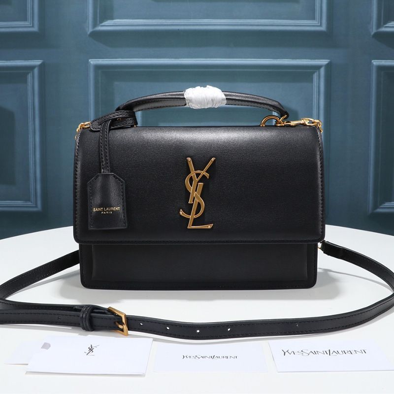 Saint Laurent Medium Sunset Satchel In Smooth Leather Black Gold