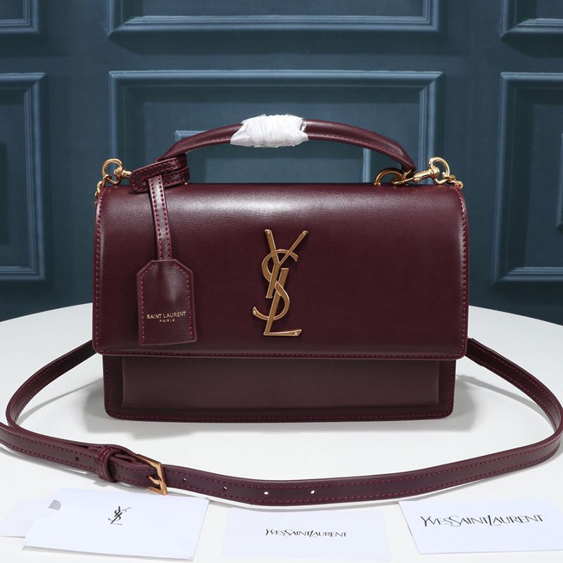 Saint Laurent Medium Sunset Satchel In Smooth Leather Burgundy Gold