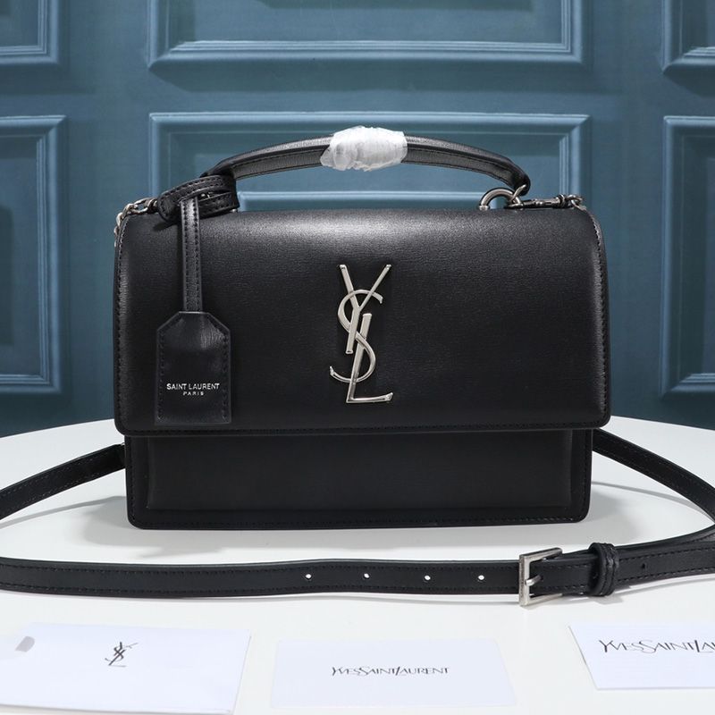 Saint Laurent Medium Sunset Satchel In Smooth Leather Black Silver