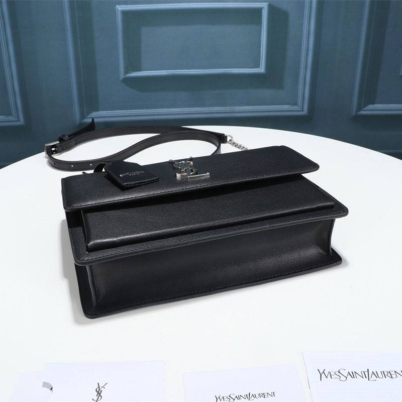 Saint Laurent Medium Sunset Satchel In Smooth Leather Black Silver