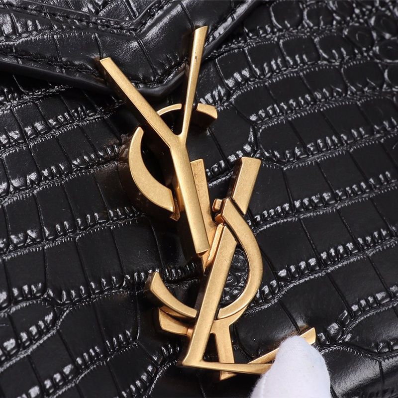 Saint Laurent Mini Cassandra Top Handle Bag In Crocodile Embossed Leather Black Gold