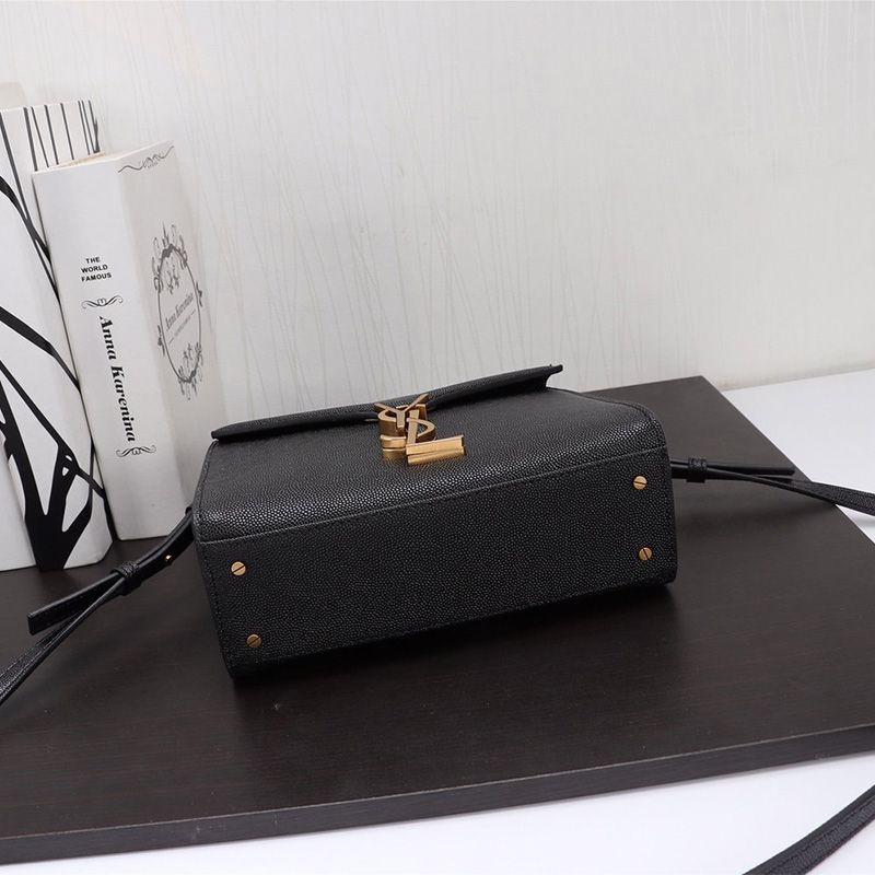 Saint Laurent Mini Cassandra Top Handle Bag In Grained Leather Black Gold