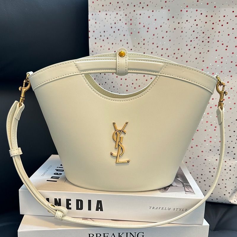 Saint Laurent Mini Celia Tote In Smooth Leather White Gold