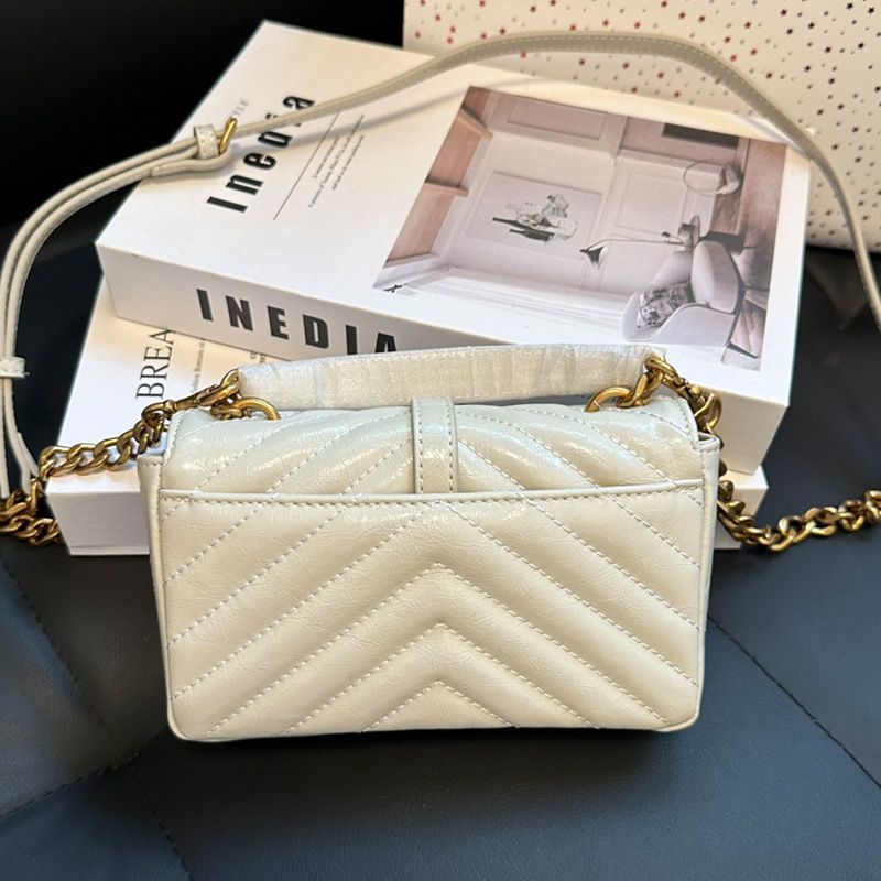 Saint Laurent Mini College Chain Bag In Crinkled Matelasse Leather White Gold