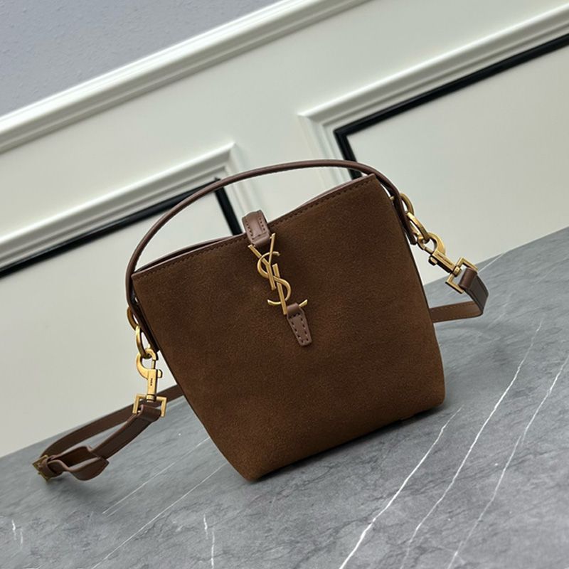 Saint Laurent Mini Le 37 Bucket Bag In Suede Brown