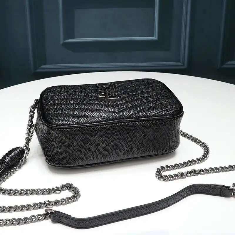 CHEAP Saint Laurent Mini Lou Camera Bag In Textured Matelasse Leather Black Silver