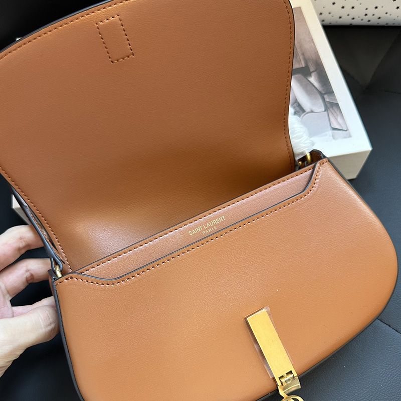 Saint Laurent Mini Voltaire Shoulder Bag In Smooth Leather Brown Gold