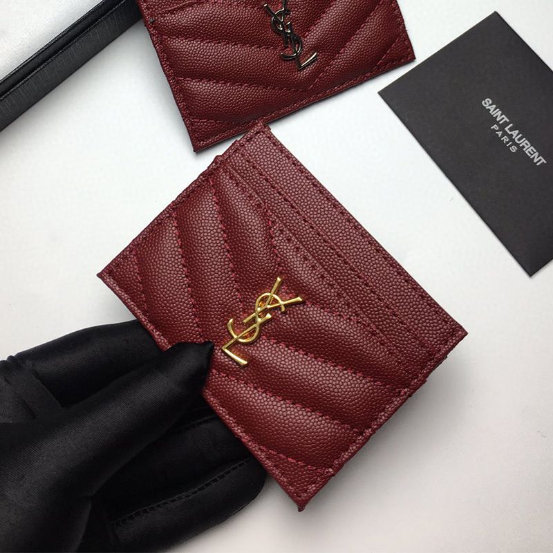 Saint Laurent Monogram Card Case In Grained Matelasse Leather Burgundy Gold