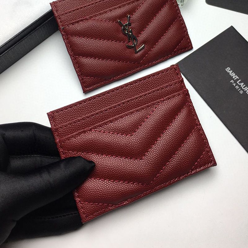 Saint Laurent Monogram Card Case In Grained Matelasse Leather Burgundy Gold