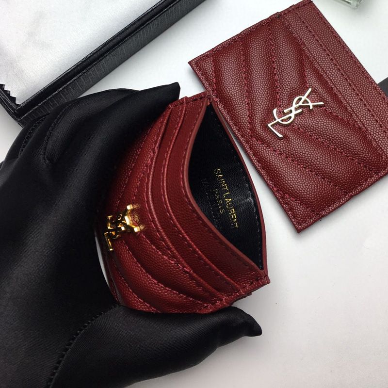 Saint Laurent Monogram Card Case In Grained Matelasse Leather Burgundy Gold