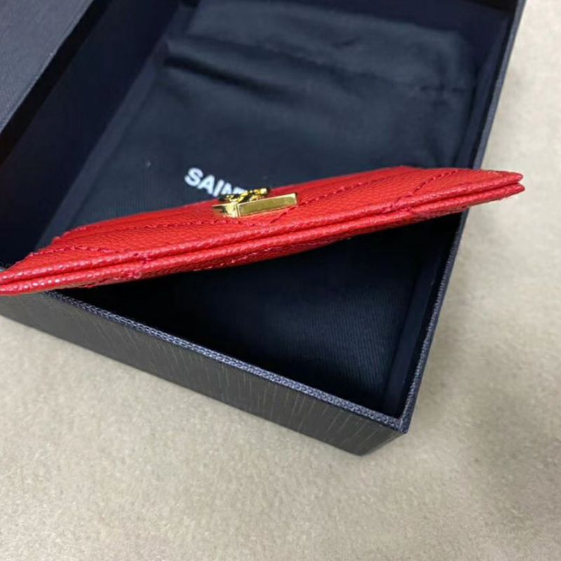 Saint Laurent Monogram Card Case In Grained Matelasse Leather Red Gold