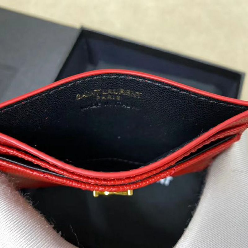 Saint Laurent Monogram Card Case In Grained Matelasse Leather Red Gold