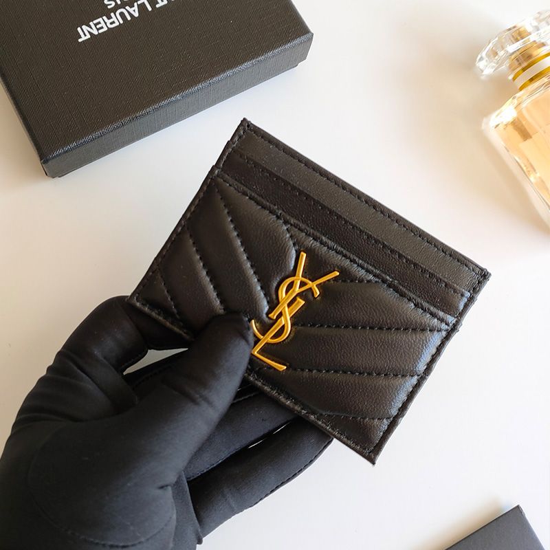 Saint Laurent Monogram Card Case In Matelasse Lambskin Black Gold