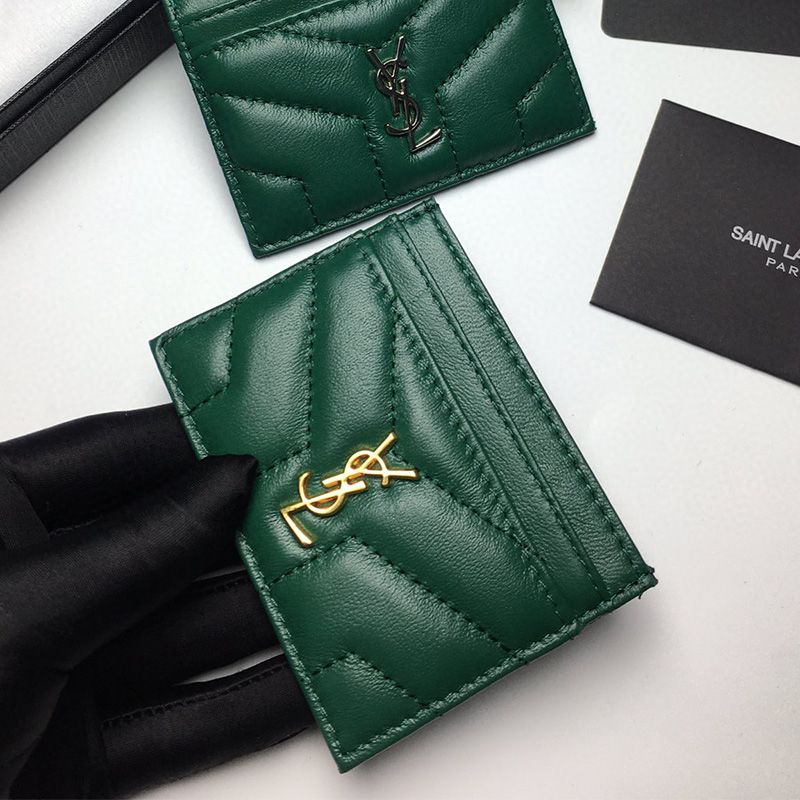 Saint Laurent Monogram Card Case In Matelasse Lambskin Green Gold