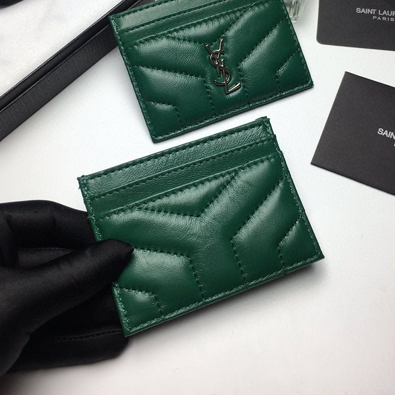 Saint Laurent Monogram Card Case In Matelasse Lambskin Green Gold