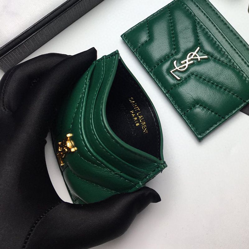 Saint Laurent Monogram Card Case In Matelasse Lambskin Green Gold