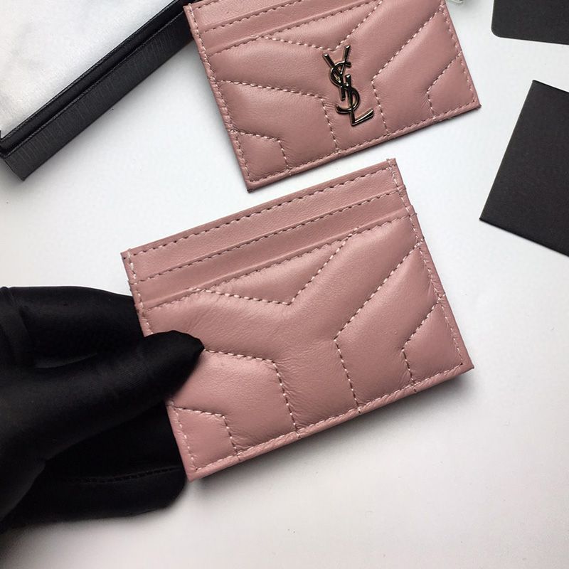 Saint Laurent Monogram Card Case In Matelasse Lambskin Pink Gold