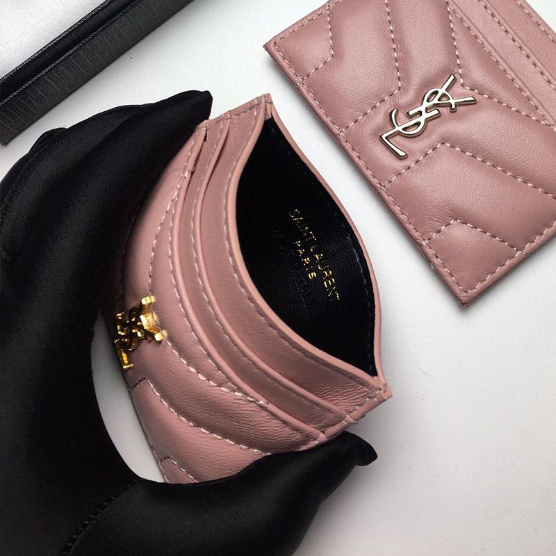 Saint Laurent Monogram Card Case In Matelasse Lambskin Pink Gold