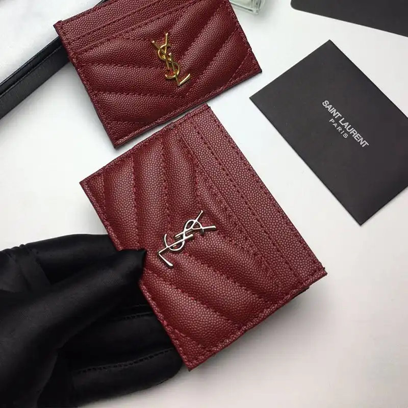 Saint Laurent Monogram Card Case In Grained Matelasse Leather Burgundy Silver