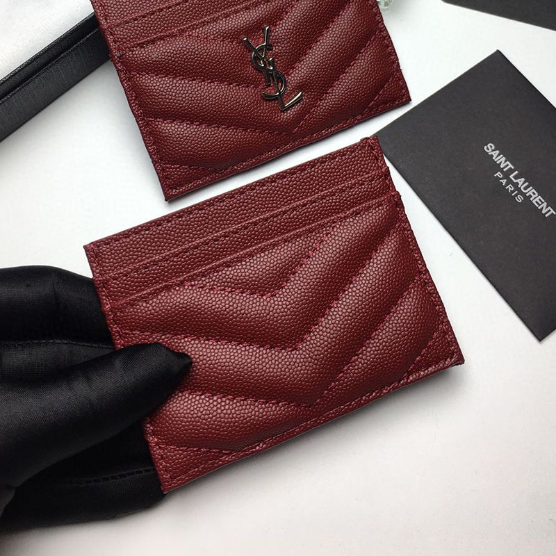 Saint Laurent Monogram Card Case In Grained Matelasse Leather Burgundy Silver