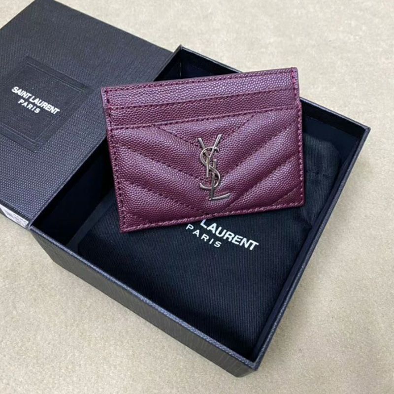 Saint Laurent Monogram Card Case In Grained Matelasse Leather Purple Silver