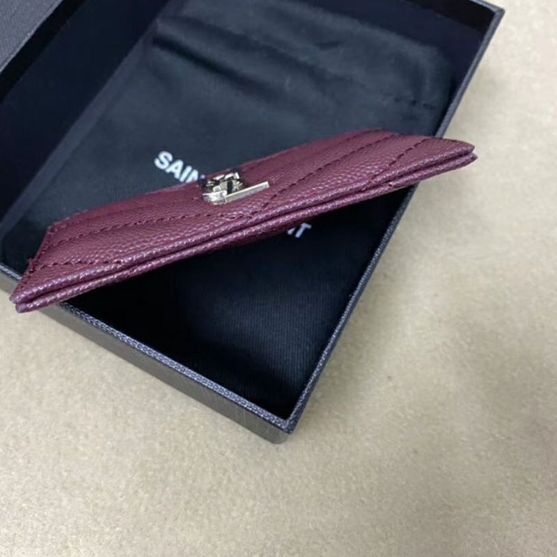 Saint Laurent Monogram Card Case In Grained Matelasse Leather Purple Silver