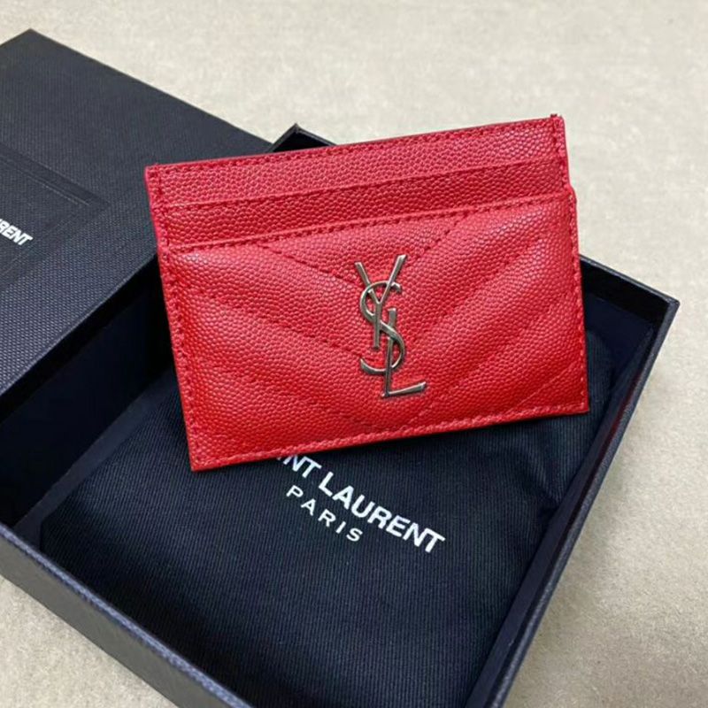 Saint Laurent Monogram Card Case In Grained Matelasse Leather Red Silver