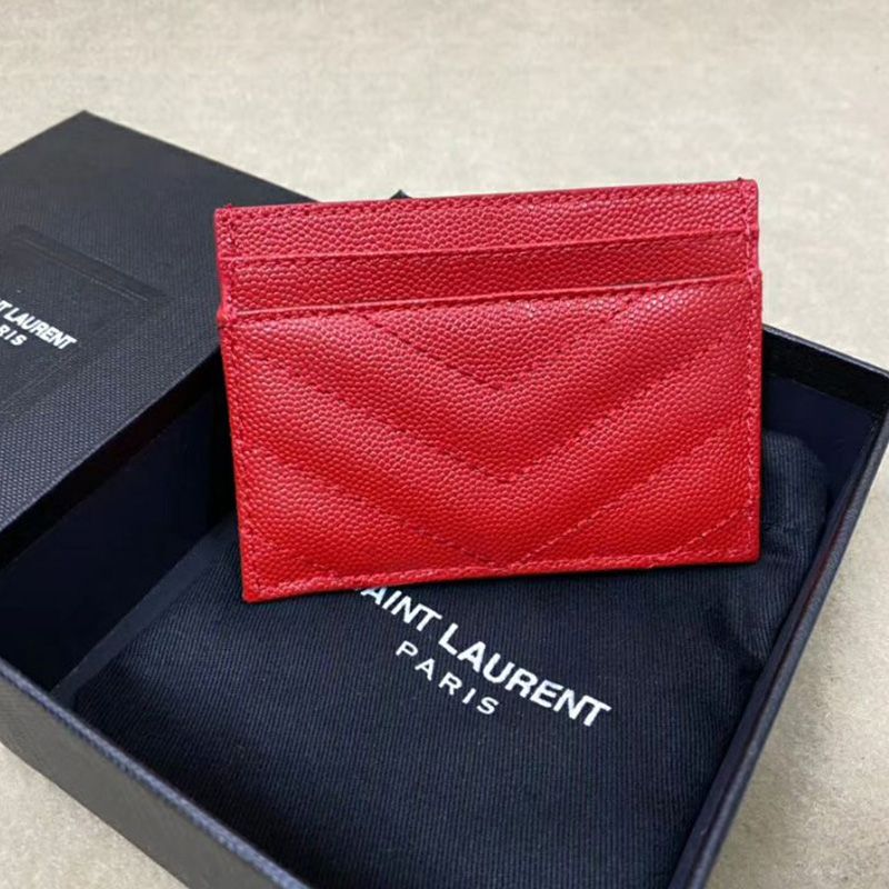 Saint Laurent Monogram Card Case In Grained Matelasse Leather Red Silver