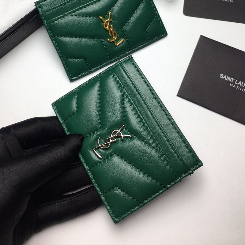 Saint Laurent Monogram Card Case In Matelasse Lambskin Green Silver