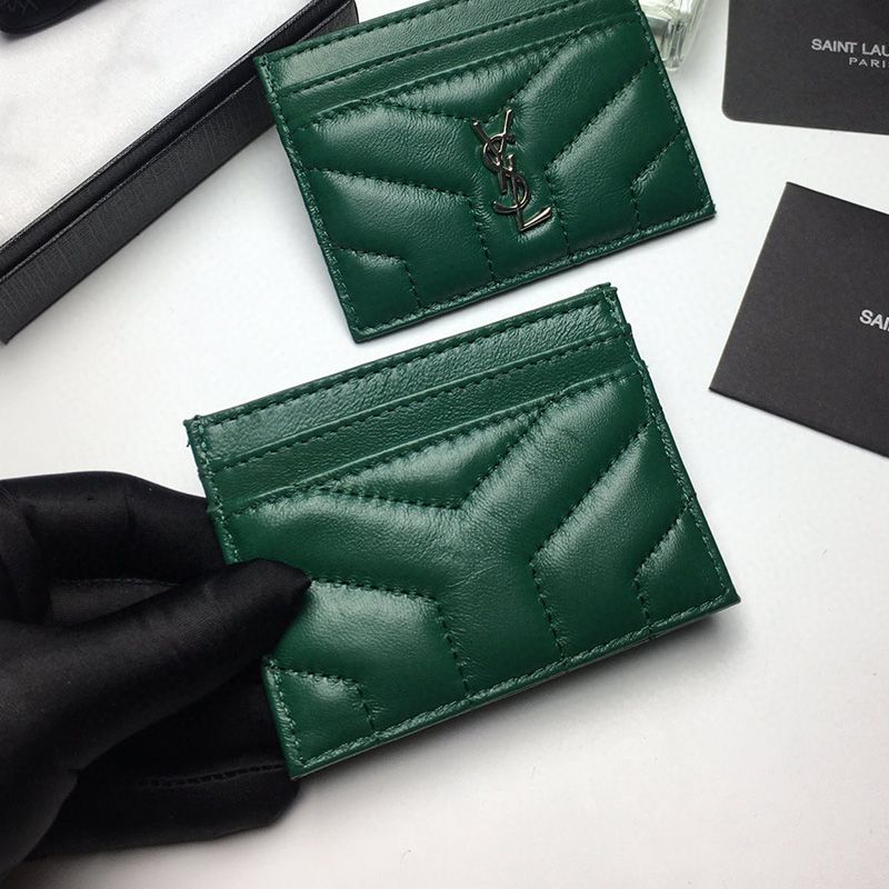 Saint Laurent Monogram Card Case In Matelasse Lambskin Green Silver