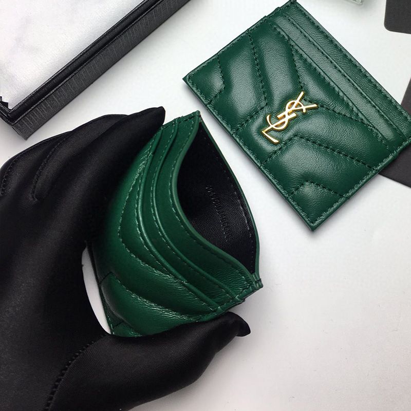 Saint Laurent Monogram Card Case In Matelasse Lambskin Green Silver